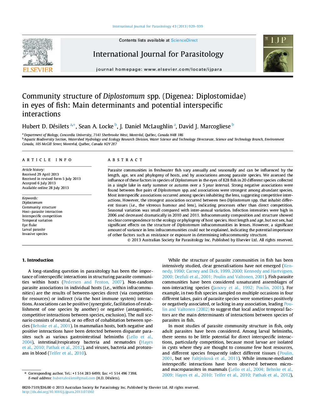 Community structure of Diplostomum spp. (Digenea: Diplostomidae) in eyes of fish: Main determinants and potential interspecific interactions