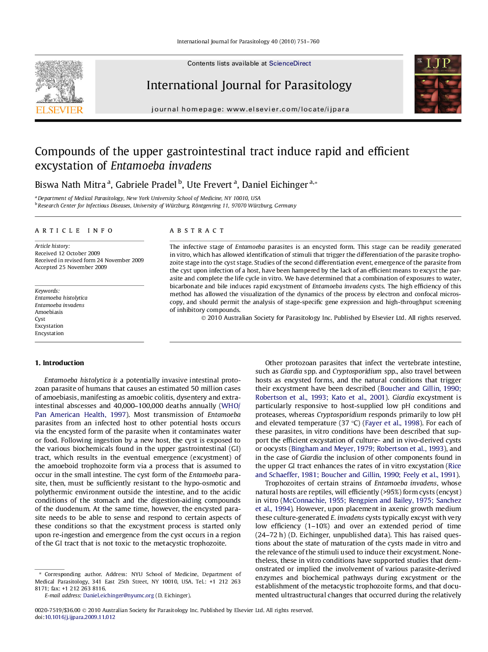 Compounds of the upper gastrointestinal tract induce rapid and efficient excystation of Entamoeba invadens