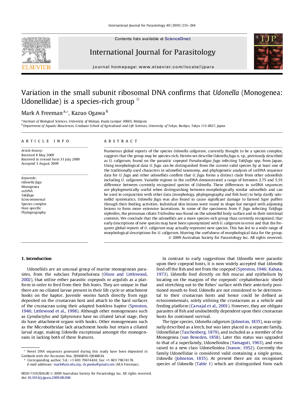 Variation in the small subunit ribosomal DNA confirms that Udonella (Monogenea: Udonellidae) is a species-rich group