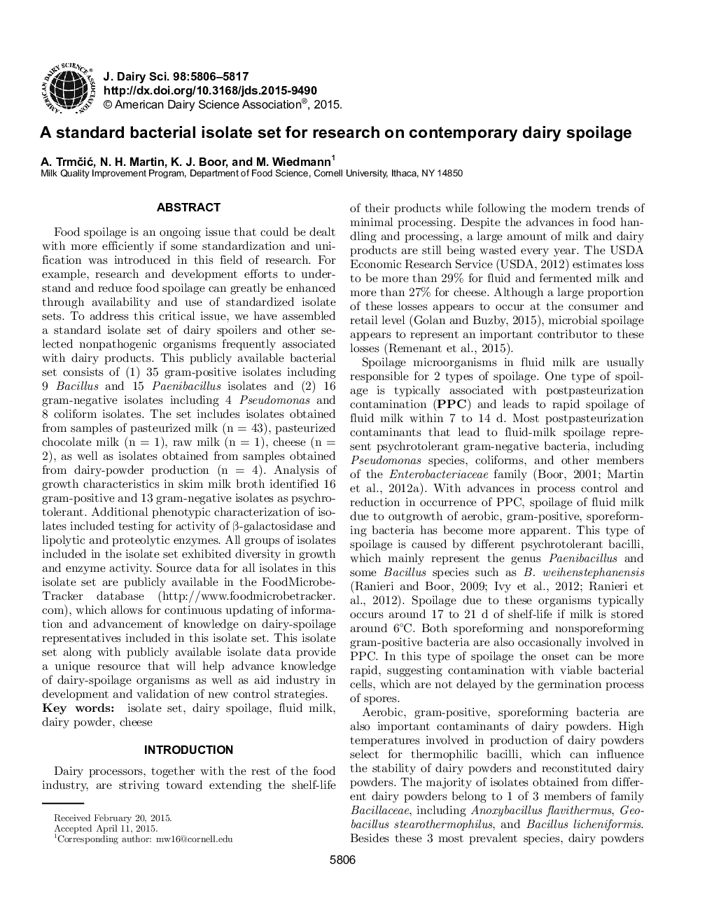 A standard bacterial isolate set for research on contemporary dairy spoilage