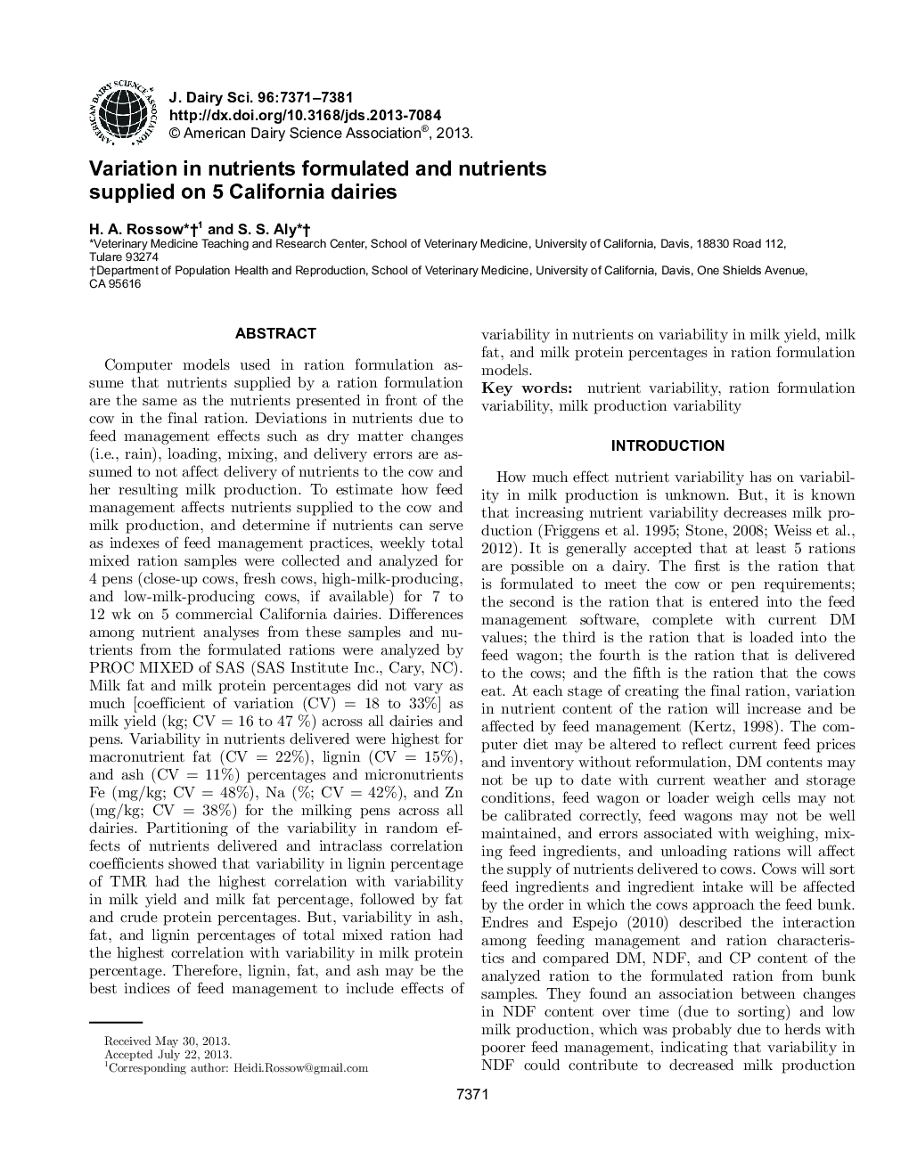 Variation in nutrients formulated and nutrients supplied on 5 California dairies