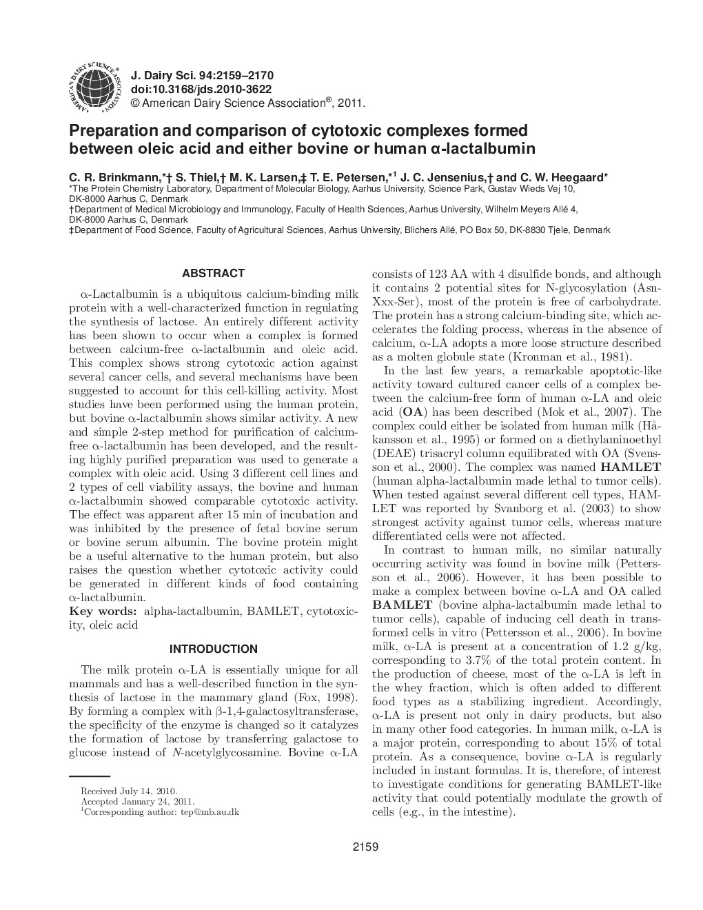 Preparation and comparison of cytotoxic complexes formed between oleic acid and either bovine or human Î±-lactalbumin