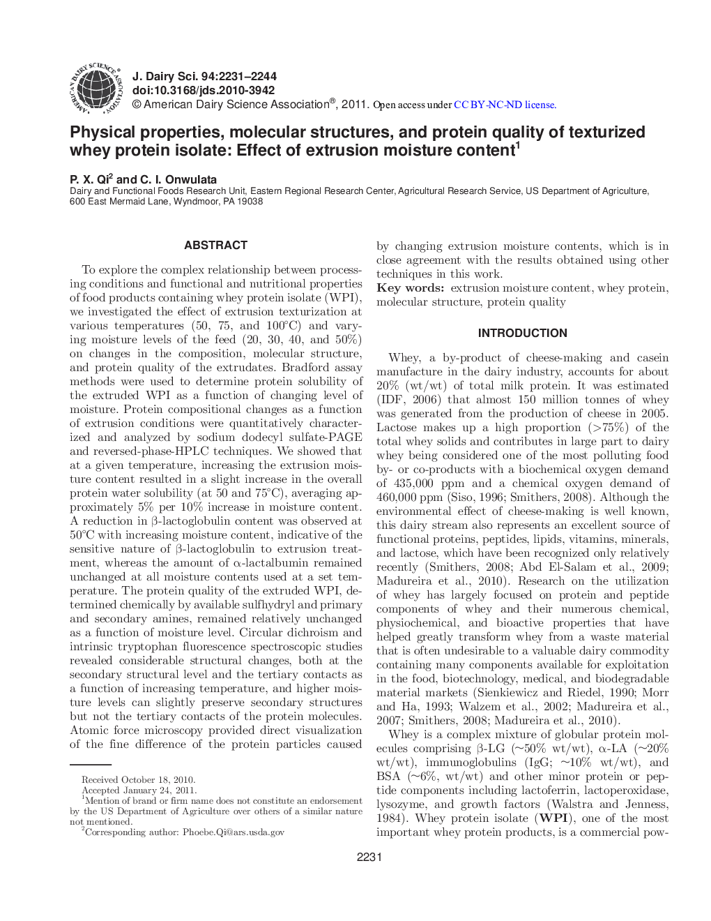 Physical properties, molecular structures, and protein quality of texturized whey protein isolate: Effect of extrusion moisture content1