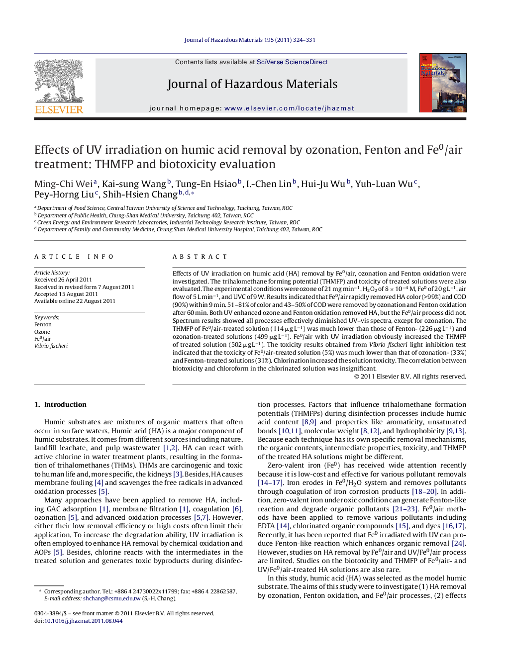 Effects of UV irradiation on humic acid removal by ozonation, Fenton and Fe0/air treatment: THMFP and biotoxicity evaluation