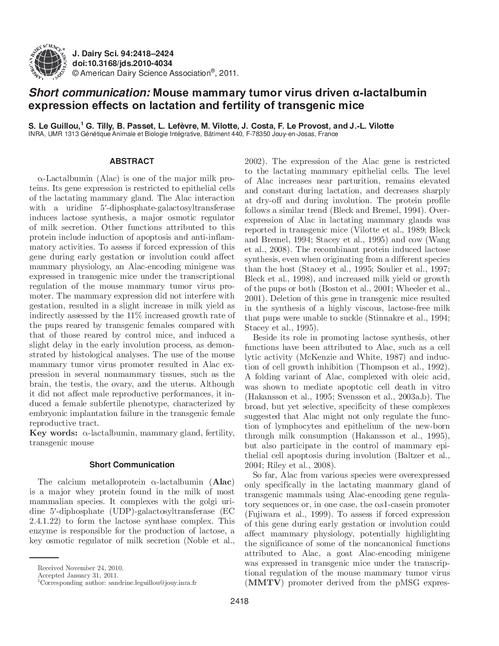 Short communication: Mouse mammary tumor virus driven Î±-lactalbumin expression effects on lactation and fertility of transgenic mice