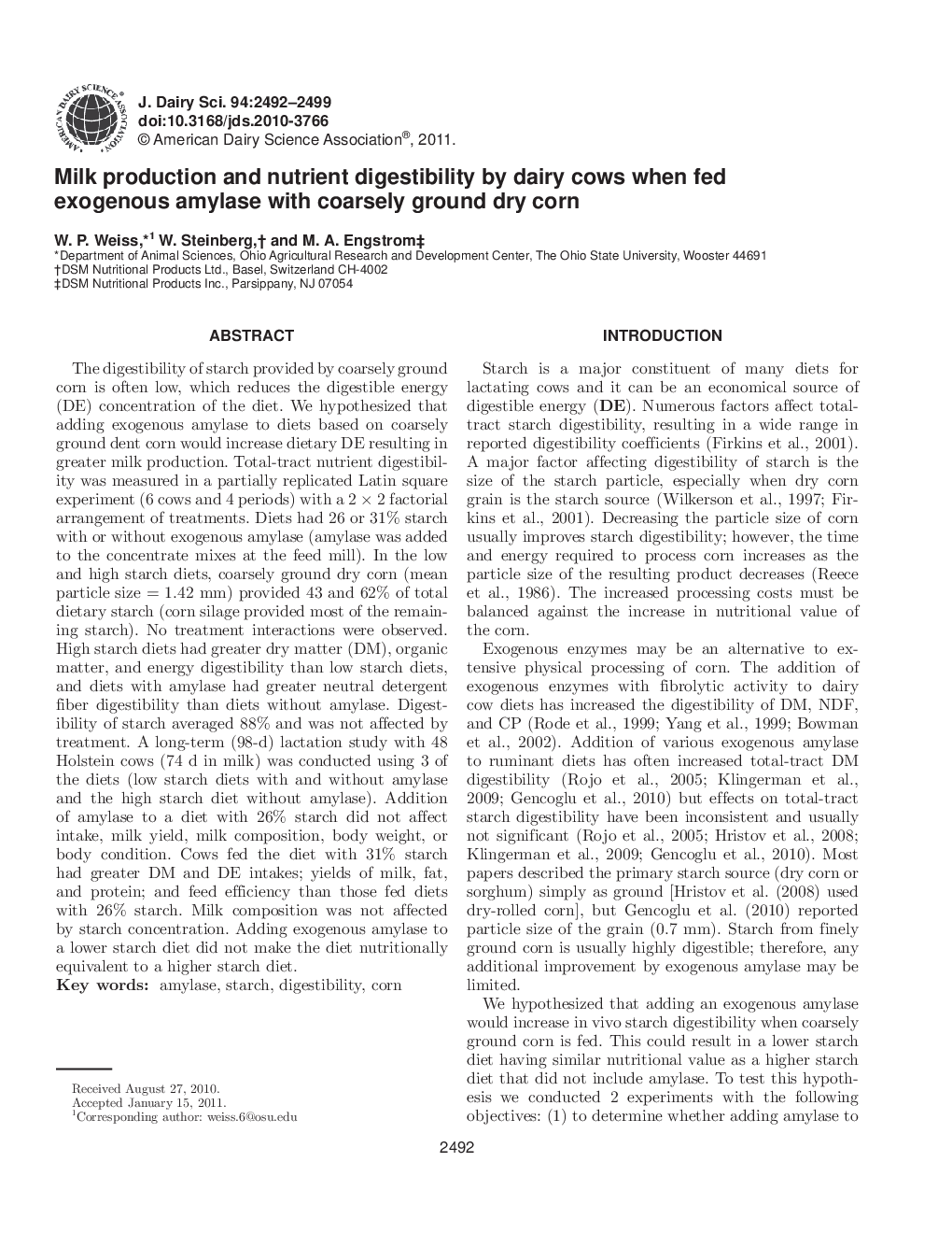عکس صفحه اول مقاله: Milk production and nutrient digestibility by dairy cows when fed exogenous amylase with coarsely ground dry corn Milk production and nutrient digestibility by dairy cows when fed exogenous amylase with coarsely ground dry corn