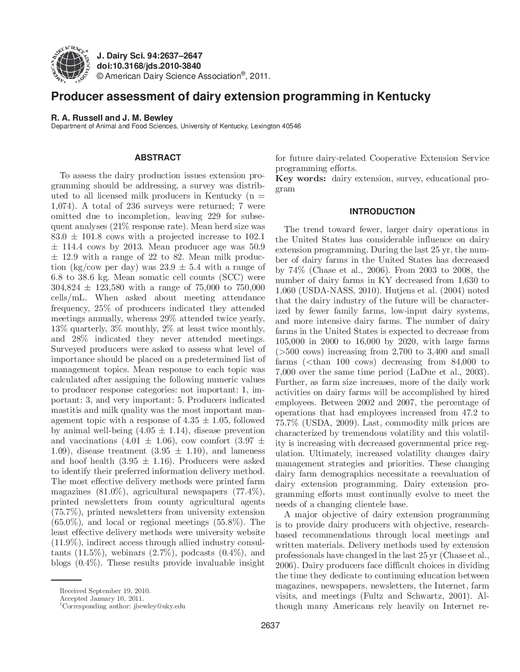 Producer assessment of dairy extension programming in Kentucky