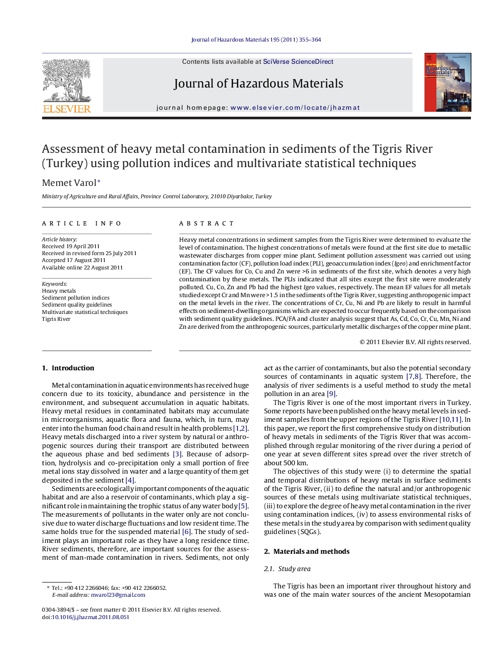 Assessment of heavy metal contamination in sediments of the Tigris River (Turkey) using pollution indices and multivariate statistical techniques