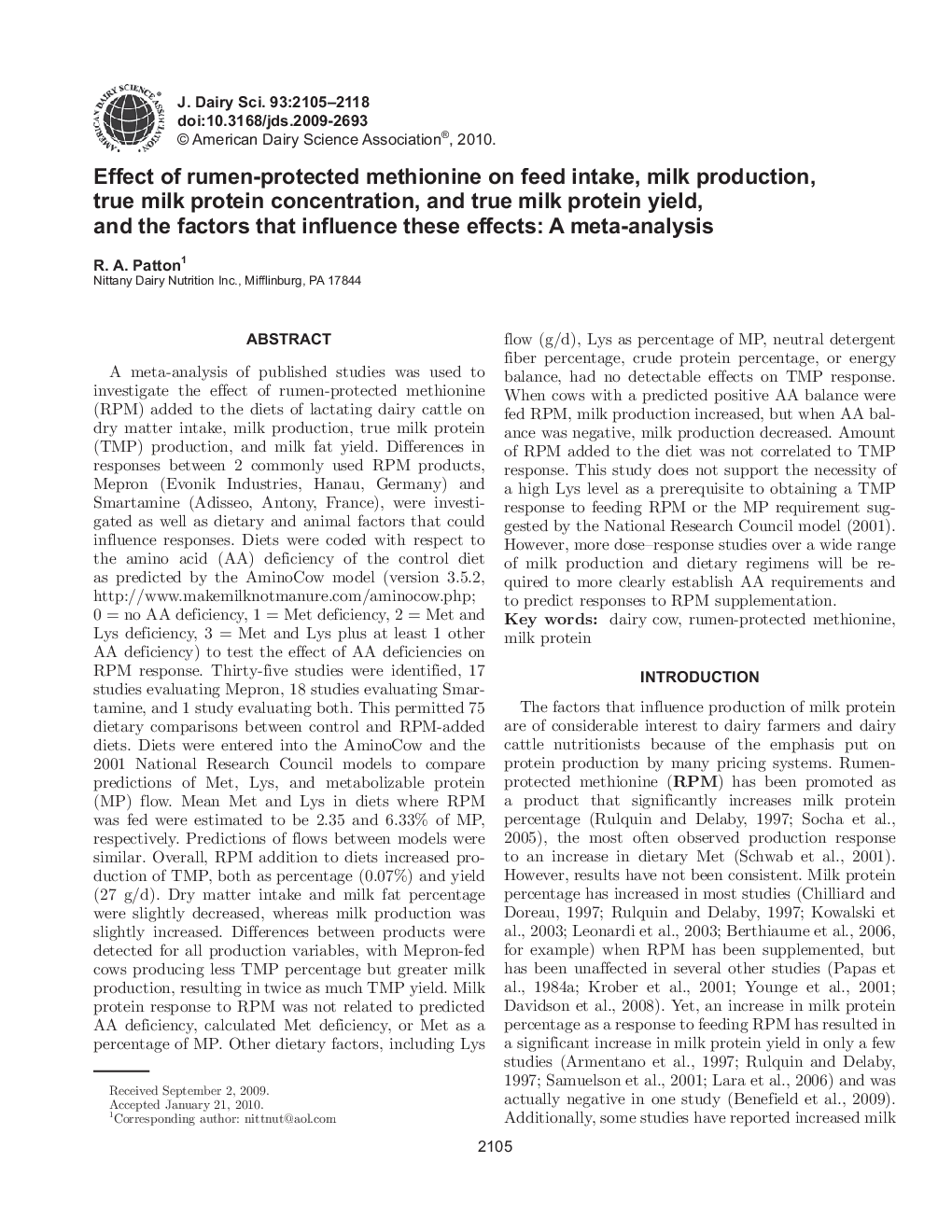 Effect of rumen-protected methionine on feed intake, milk production, true milk protein concentration, and true milk protein yield, and the factors that influence these effects: A meta-analysis