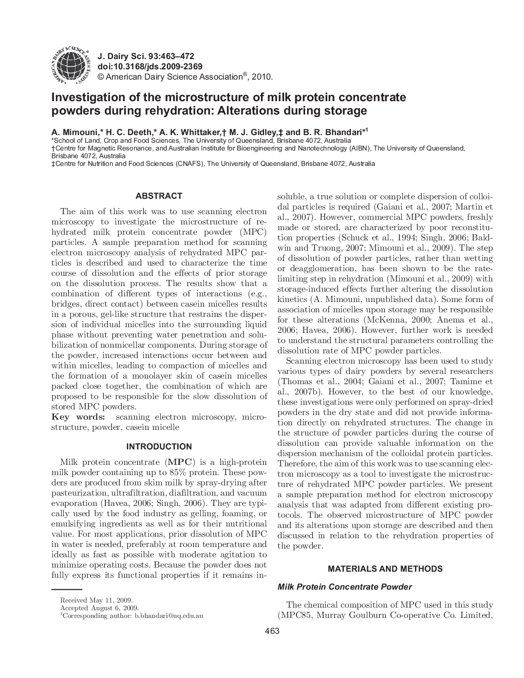 Investigation of the microstructure of milk protein concentrate powders during rehydration: Alterations during storage