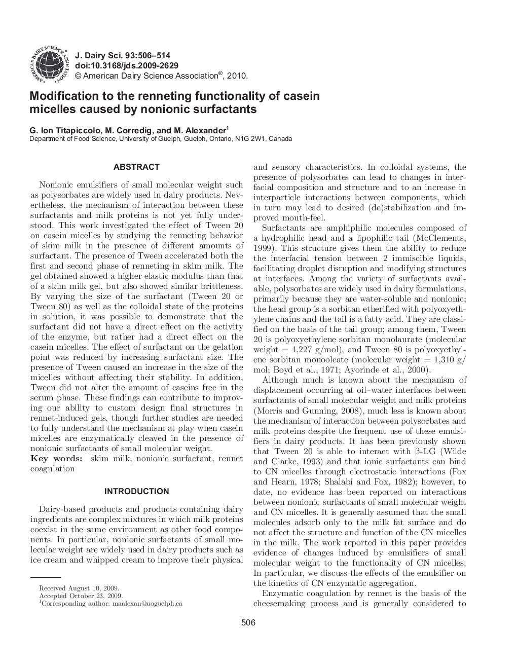 Modification to the renneting functionality of casein micelles caused by nonionic surfactants