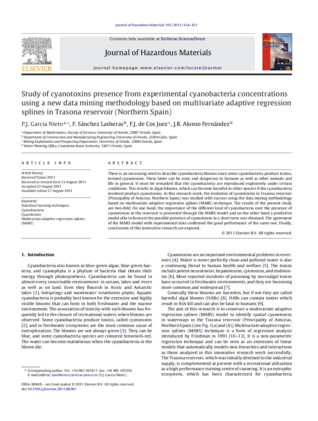 Study of cyanotoxins presence from experimental cyanobacteria concentrations using a new data mining methodology based on multivariate adaptive regression splines in Trasona reservoir (Northern Spain)