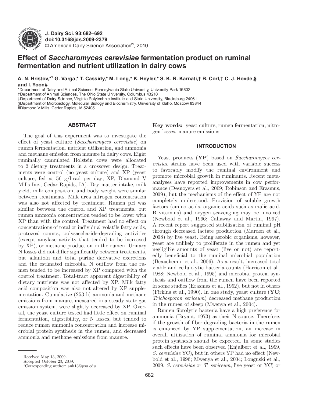 Effect of Saccharomyces cerevisiae fermentation product on ruminal fermentation and nutrient utilization in dairy cows