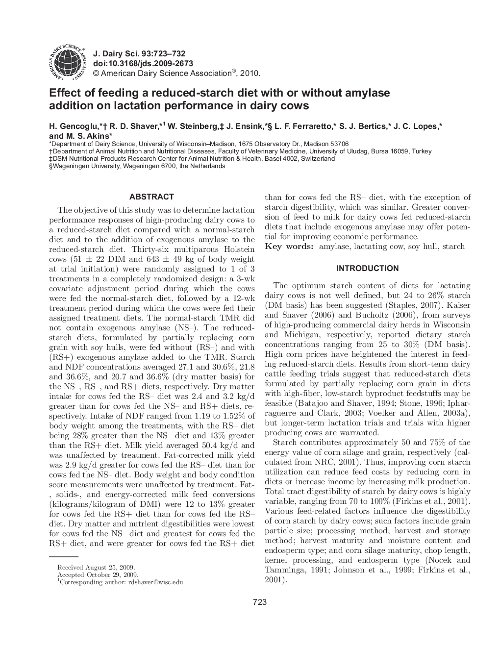 Effect of feeding a reduced-starch diet with or without amylase addition on lactation performance in dairy cows