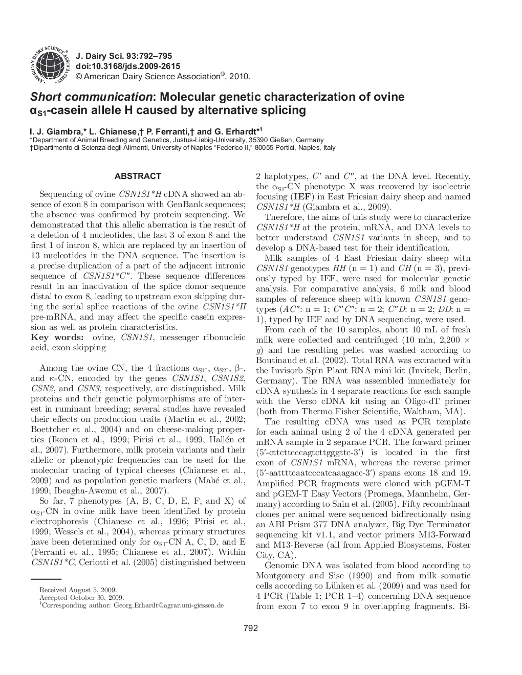 Short communication: Molecular genetic characterization of ovine Î±S1-casein allele H caused by alternative splicing