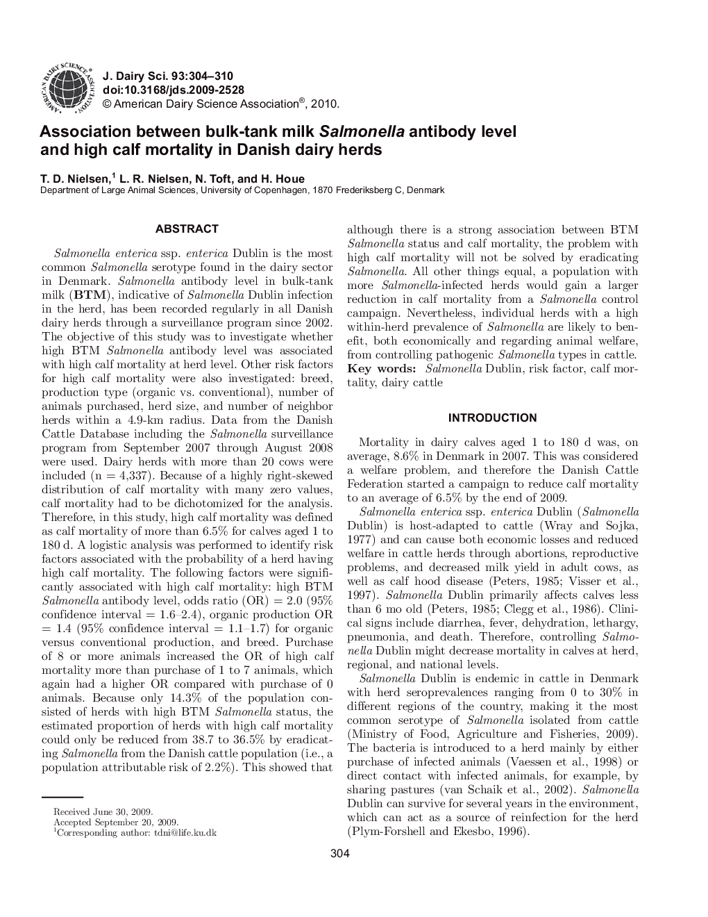 Association between bulk-tank milk Salmonella antibody level and high calf mortality in Danish dairy herds