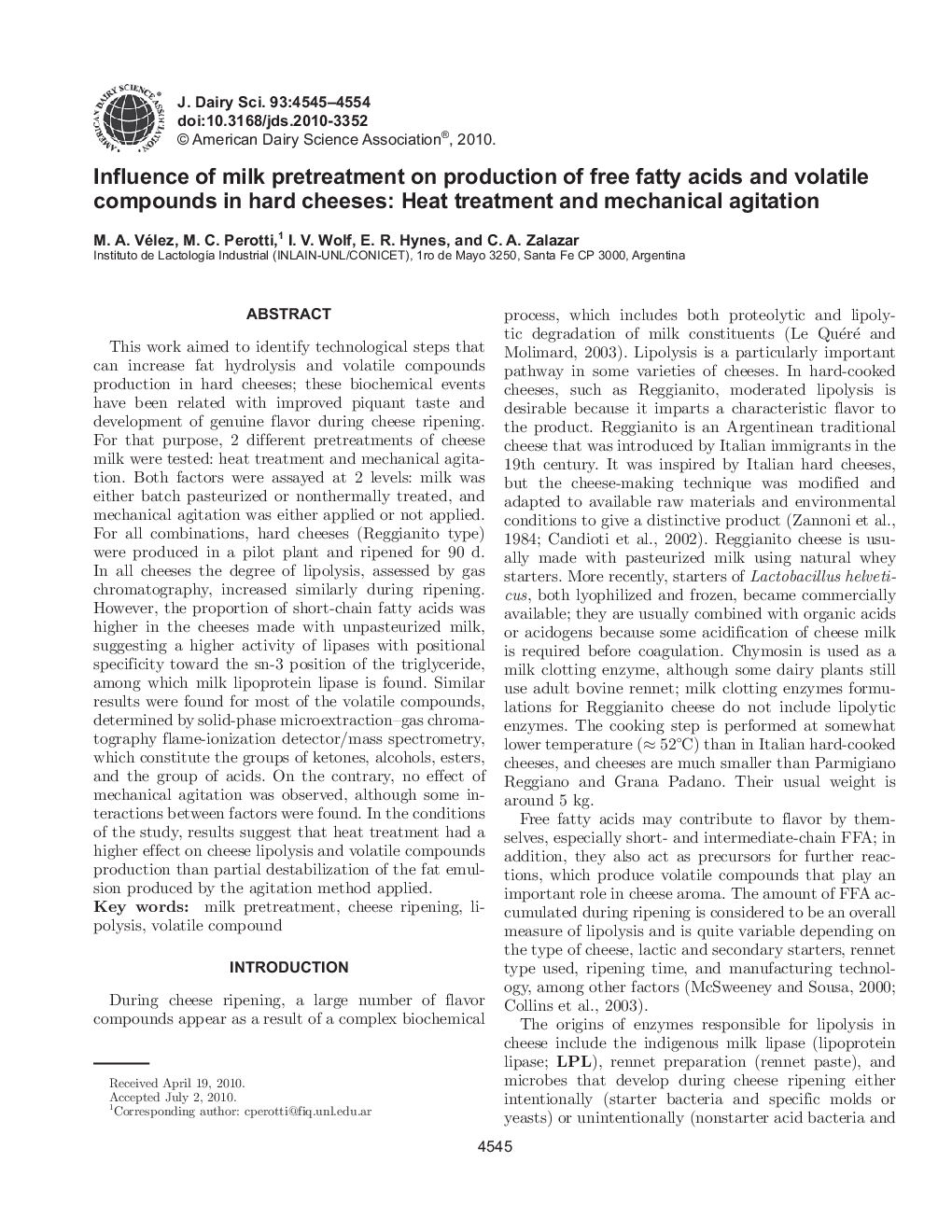 Influence of milk pretreatment on production of free fatty acids and volatile compounds in hard cheeses: Heat treatment and mechanical agitation