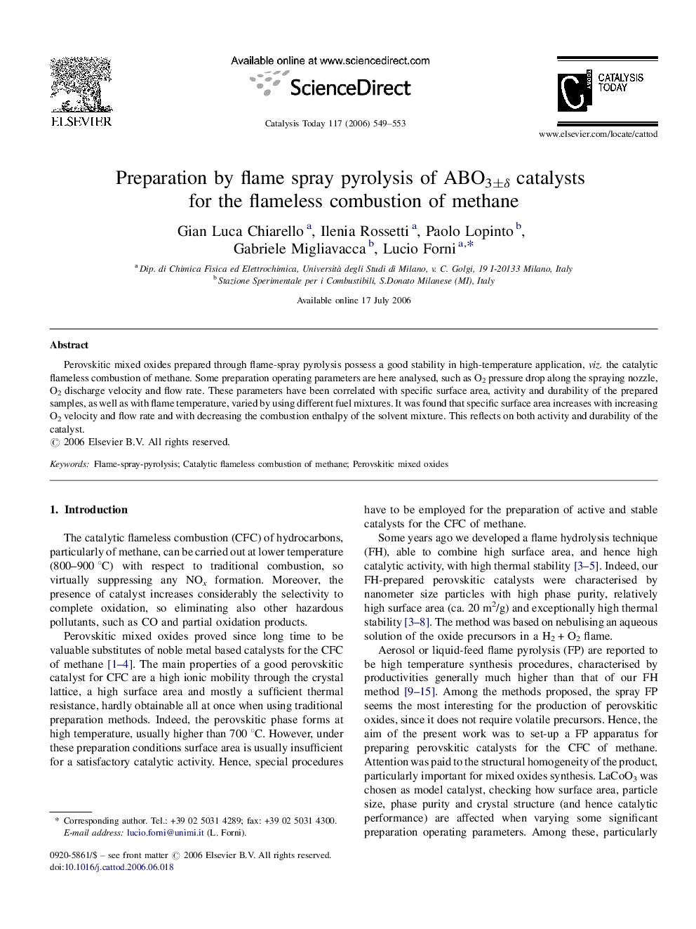 Preparation by flame spray pyrolysis of ABO3±δ catalysts for the flameless combustion of methane