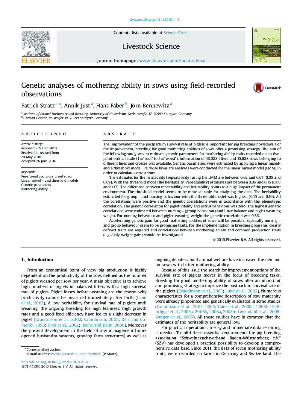 Genetic analyses of mothering ability in sows using field-recorded observations