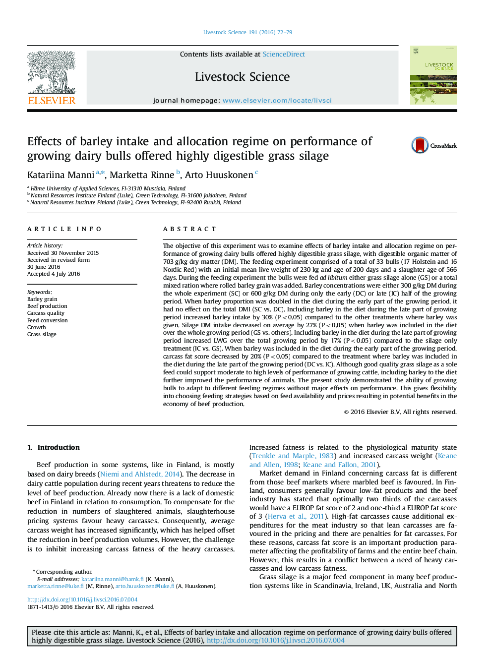 Effects of barley intake and allocation regime on performance of growing dairy bulls offered highly digestible grass silage