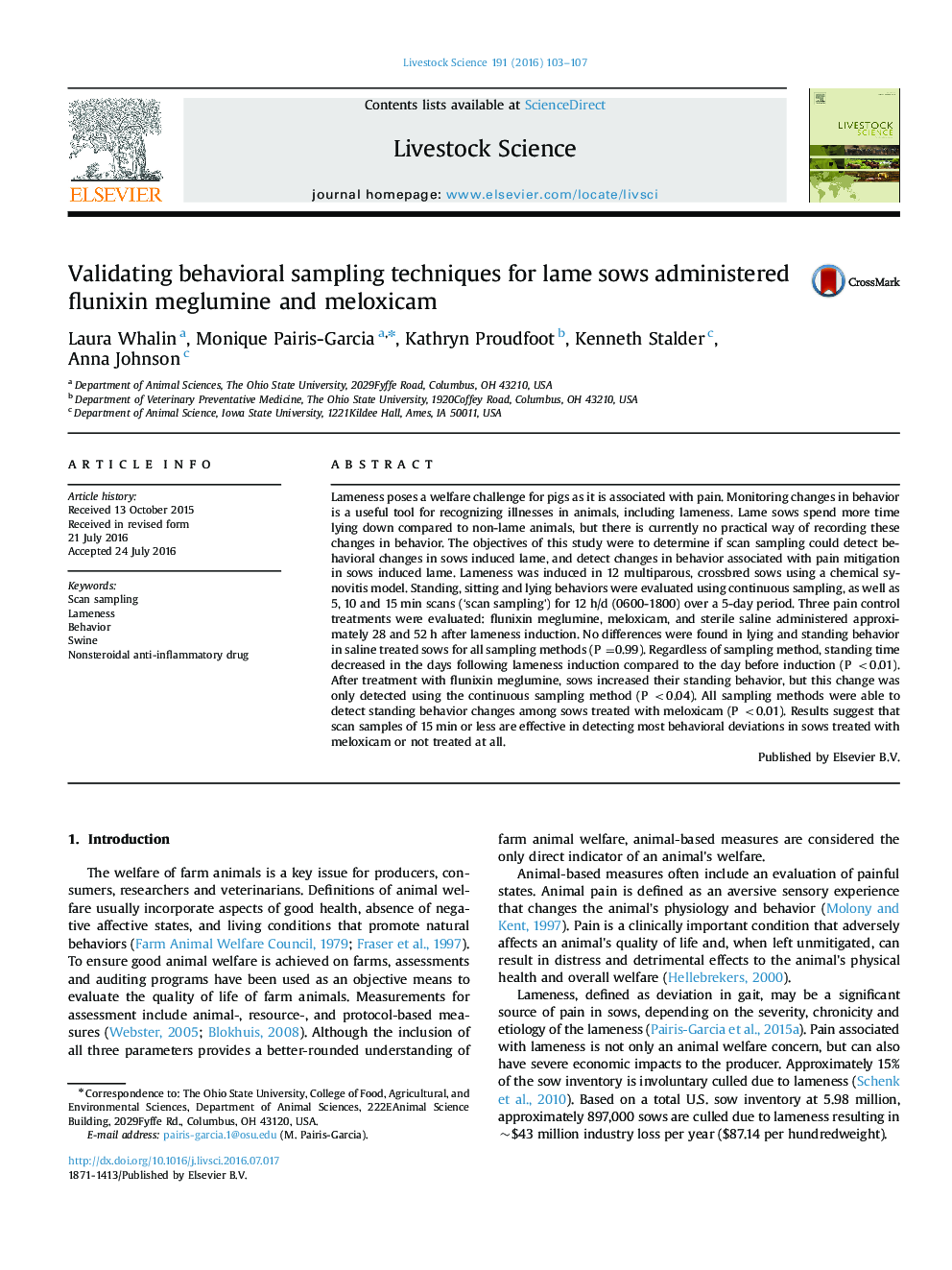 Validating behavioral sampling techniques for lame sows administered flunixin meglumine and meloxicam