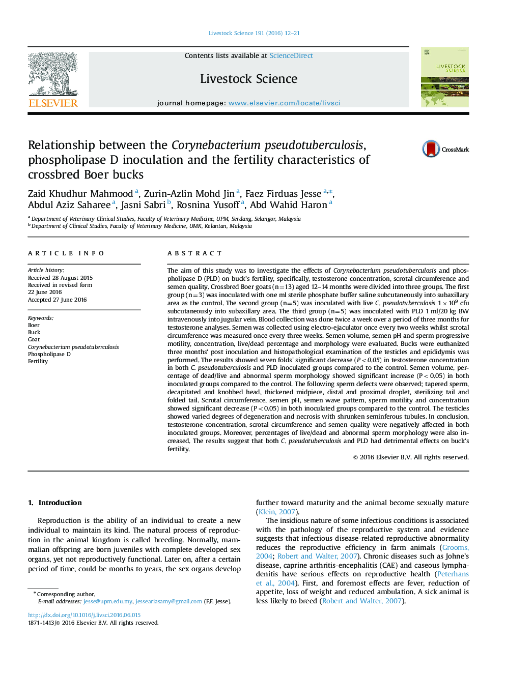 Relationship between the Corynebacterium pseudotuberculosis, phospholipase D inoculation and the fertility characteristics of crossbred Boer bucks