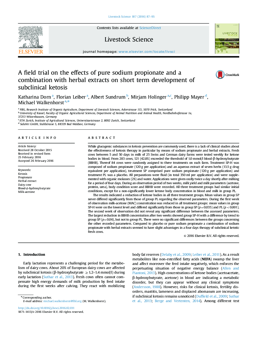 A field trial on the effects of pure sodium propionate and a combination with herbal extracts on short term development of subclinical ketosis