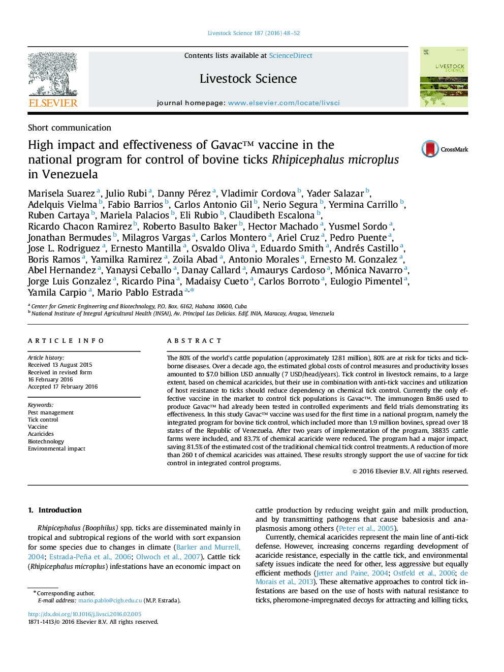 High impact and effectiveness of Gavacâ¢ vaccine in the national program for control of bovine ticks Rhipicephalus microplus in Venezuela