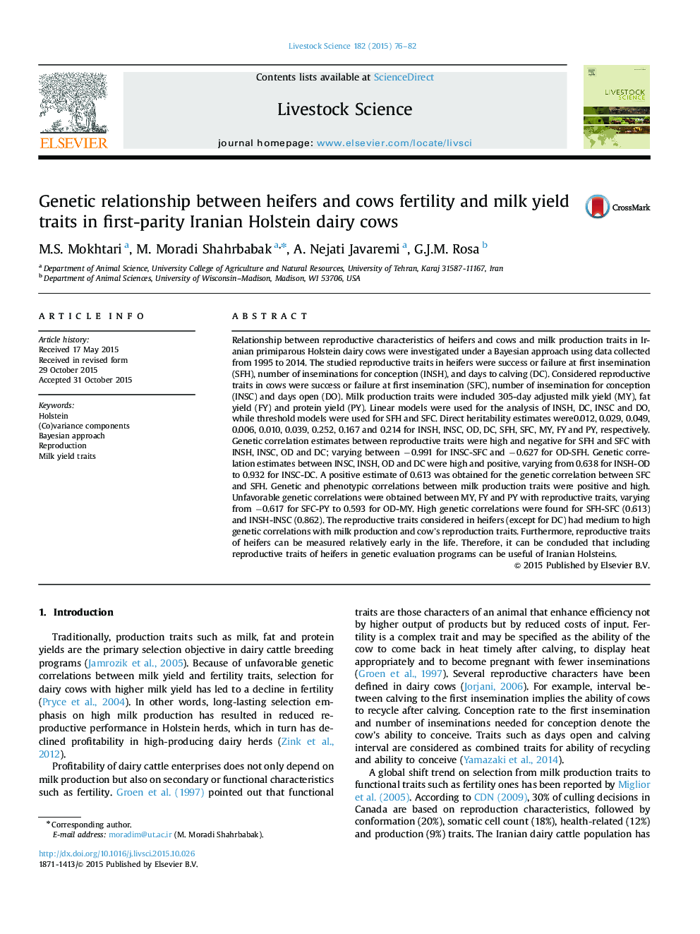 Genetic relationship between heifers and cows fertility and milk yield traits in first-parity Iranian Holstein dairy cows