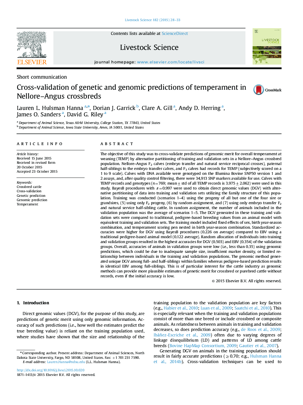 Short communicationCross-validation of genetic and genomic predictions of temperament in Nellore-Angus crossbreds