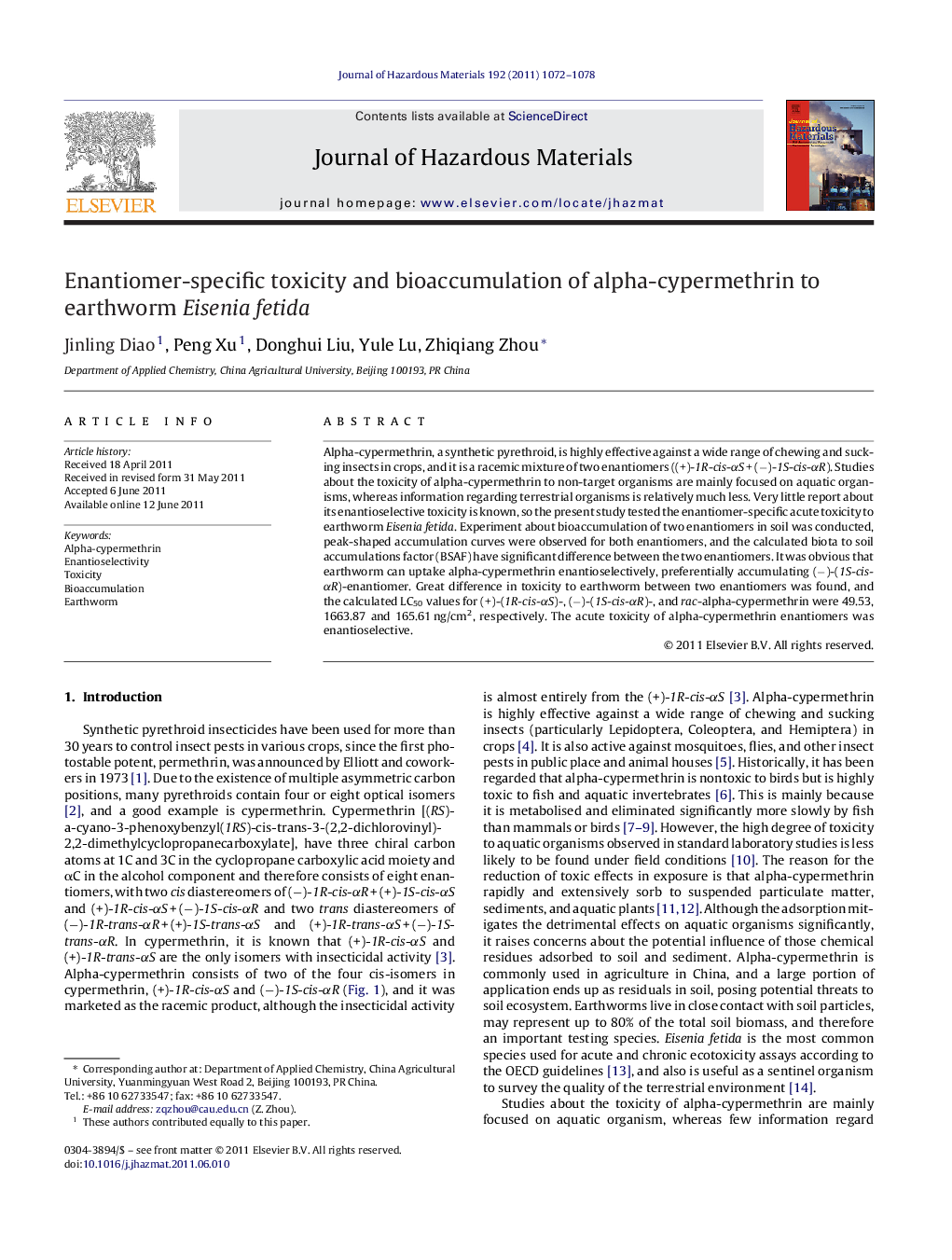 Enantiomer-specific toxicity and bioaccumulation of alpha-cypermethrin to earthworm Eisenia fetida