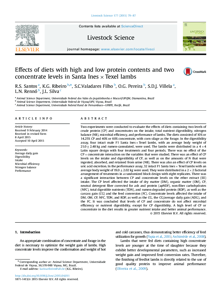 Effects of diets with high and low protein contents and two concentrate levels in Santa InesÃTexel lambs