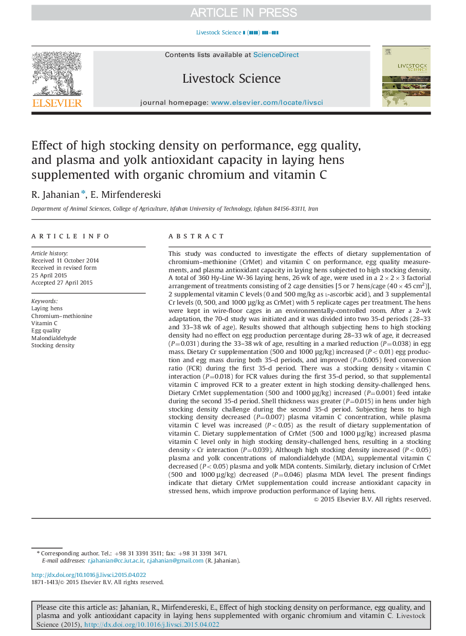 Effect of high stocking density on performance, egg quality, and plasma and yolk antioxidant capacity in laying hens supplemented with organic chromium and vitamin C