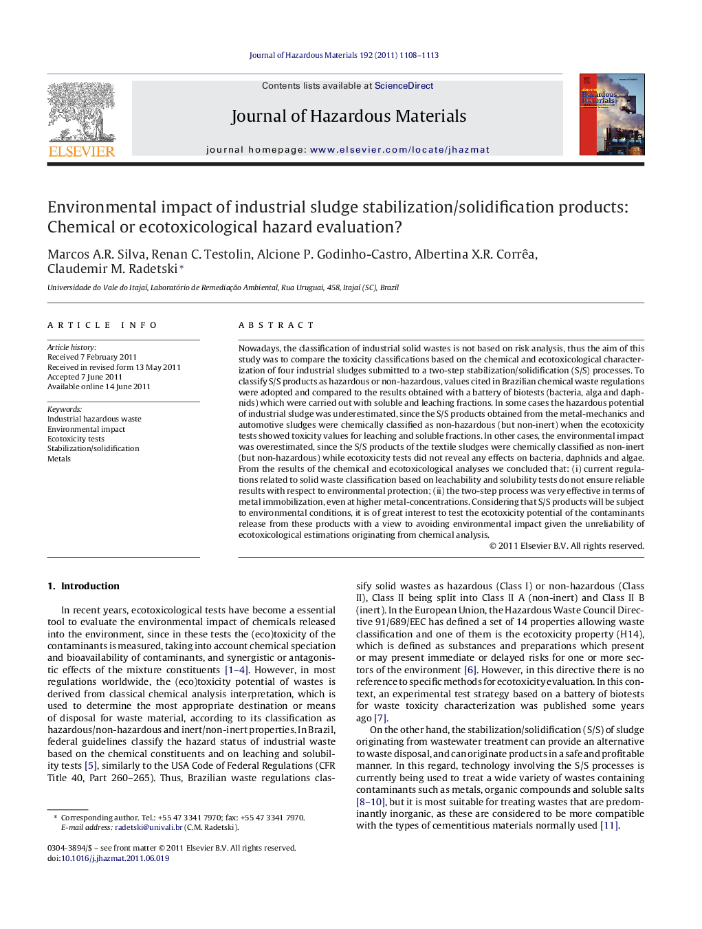 Environmental impact of industrial sludge stabilization/solidification products: Chemical or ecotoxicological hazard evaluation?