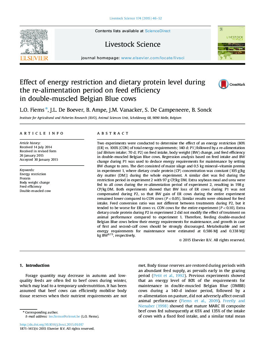 Effect of energy restriction and dietary protein level during the re-alimentation period on feed efficiency in double-muscled Belgian Blue cows