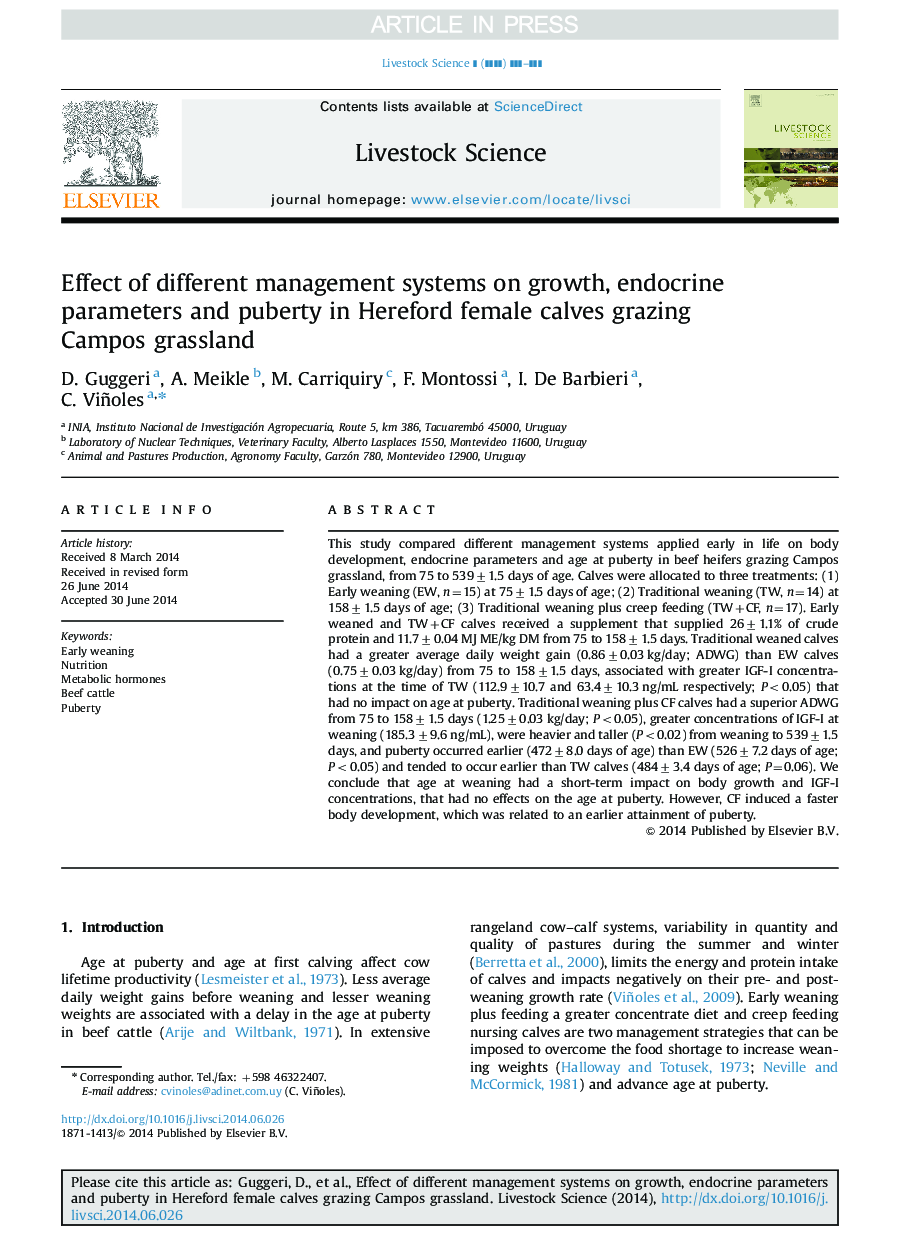 Effect of different management systems on growth, endocrine parameters and puberty in Hereford female calves grazing Campos grassland