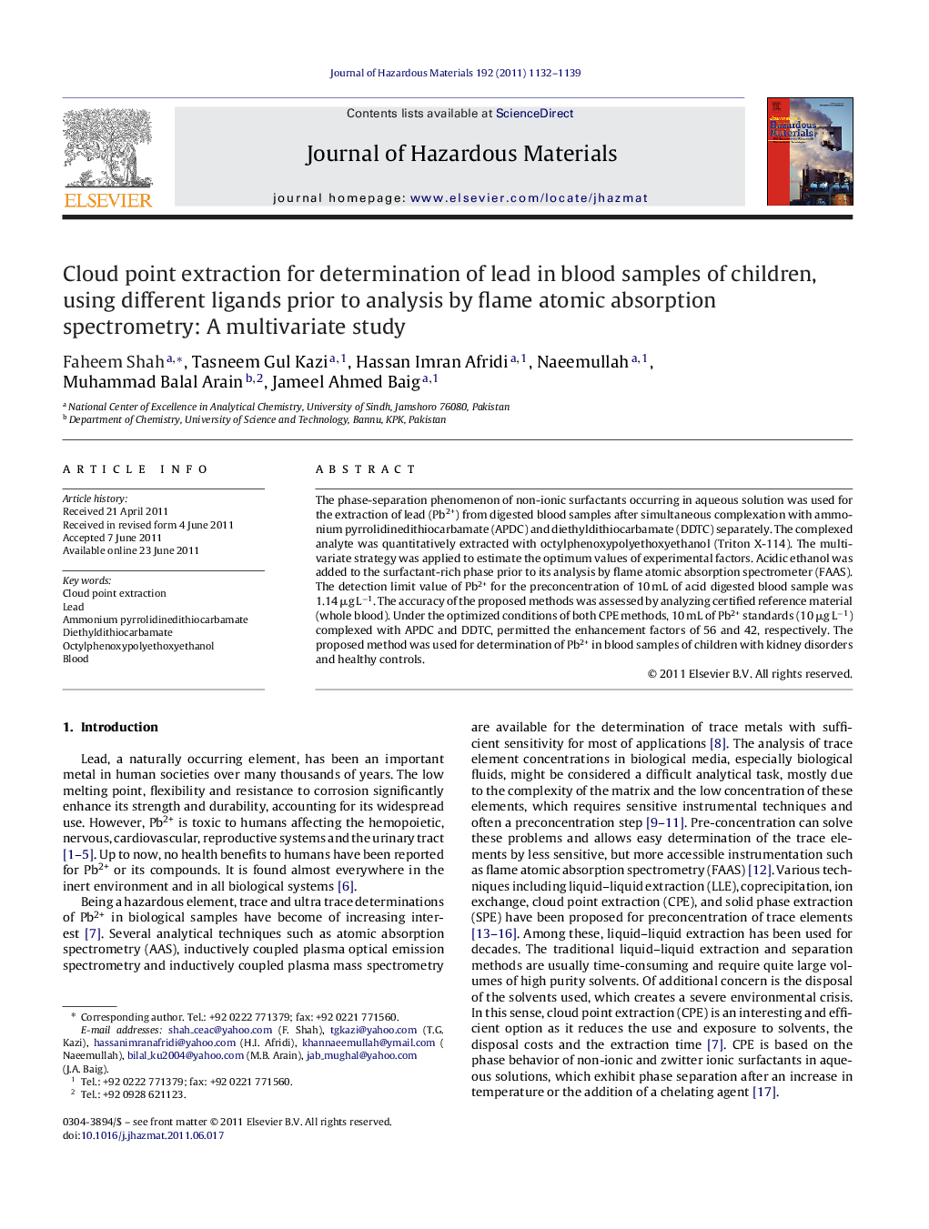 Cloud point extraction for determination of lead in blood samples of children, using different ligands prior to analysis by flame atomic absorption spectrometry: A multivariate study