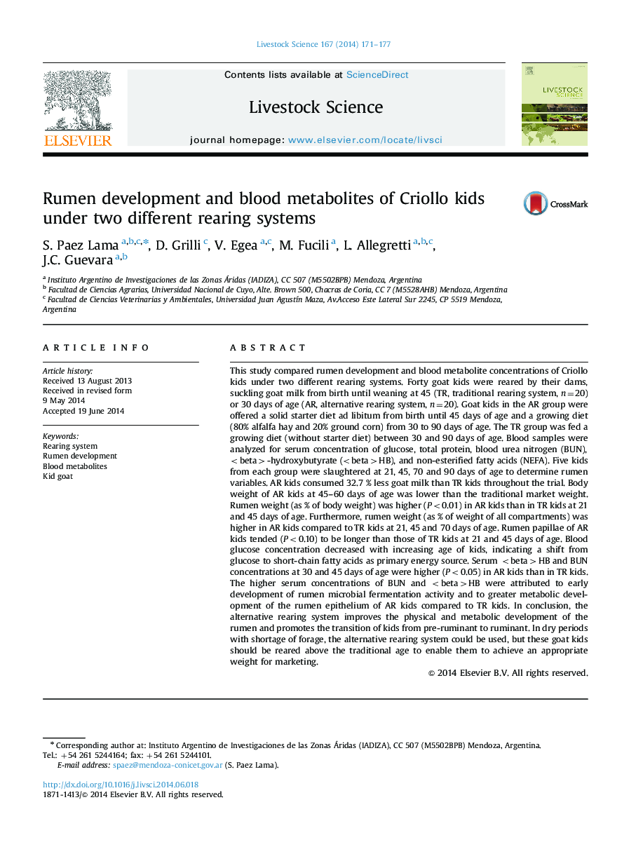 Rumen development and blood metabolites of Criollo kids under two different rearing systems