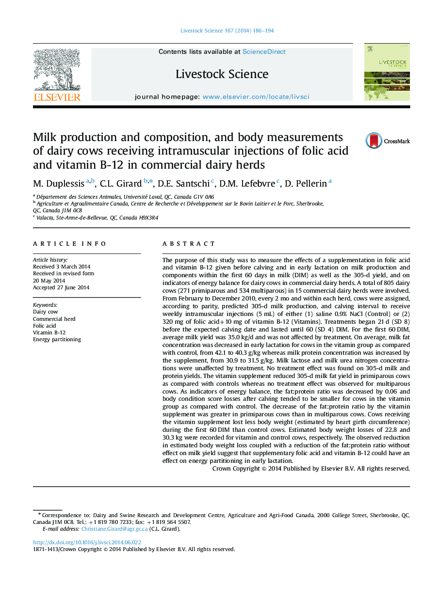 Milk production and composition, and body measurements of dairy cows receiving intramuscular injections of folic acid and vitamin B-12 in commercial dairy herds
