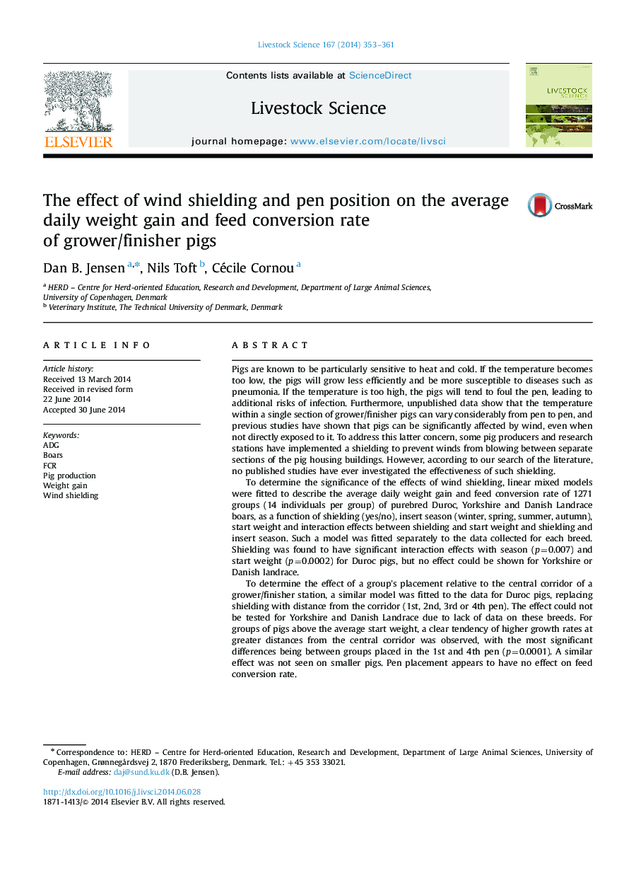 The effect of wind shielding and pen position on the average daily weight gain and feed conversion rate of grower/finisher pigs