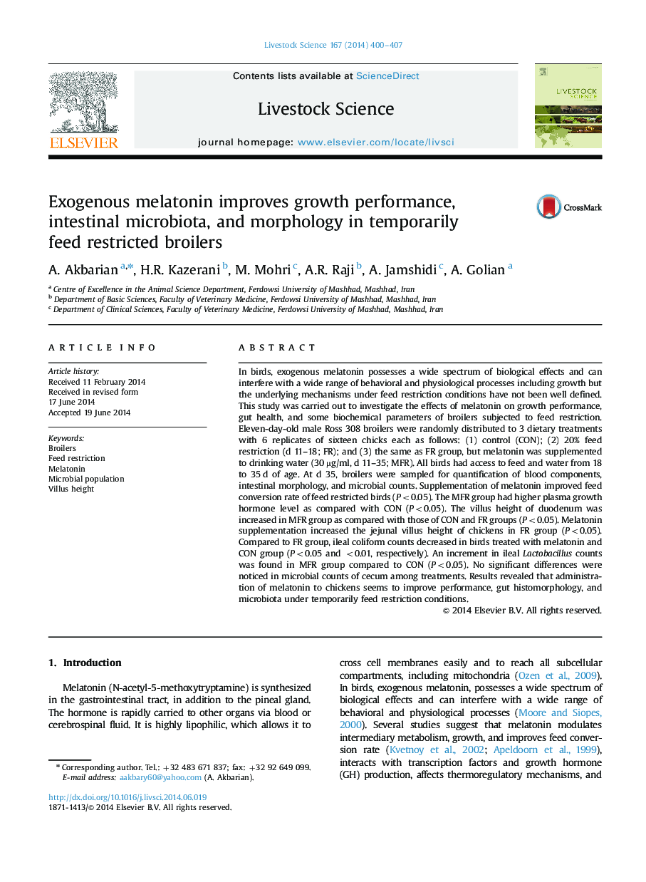 Exogenous melatonin improves growth performance, intestinal microbiota, and morphology in temporarily feed restricted broilers