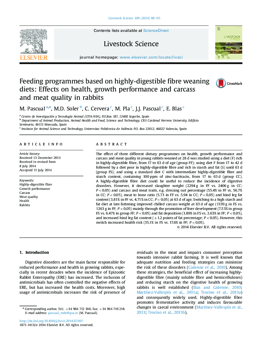 Feeding programmes based on highly-digestible fibre weaning diets: Effects on health, growth performance and carcass and meat quality in rabbits