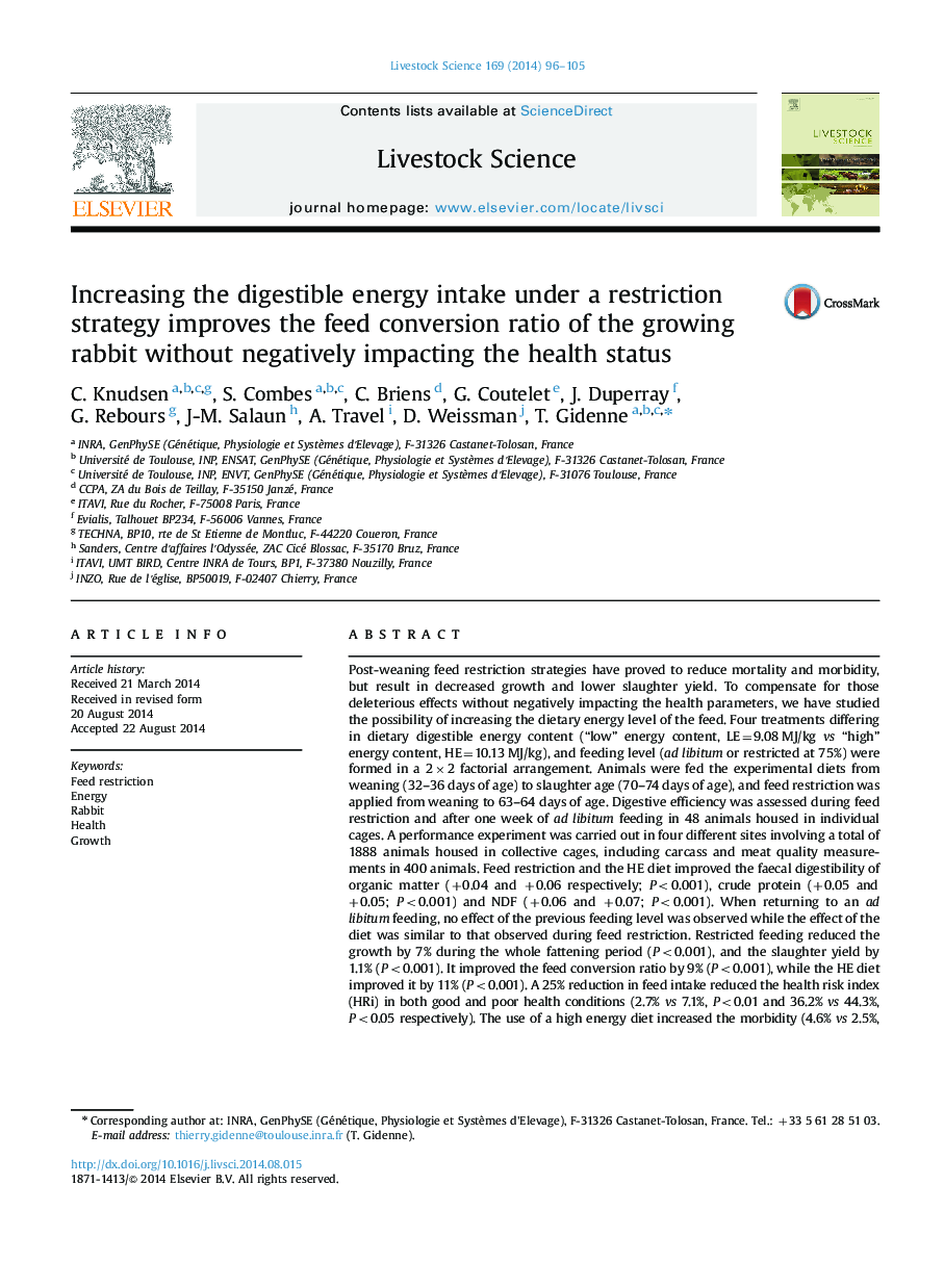 Increasing the digestible energy intake under a restriction strategy improves the feed conversion ratio of the growing rabbit without negatively impacting the health status