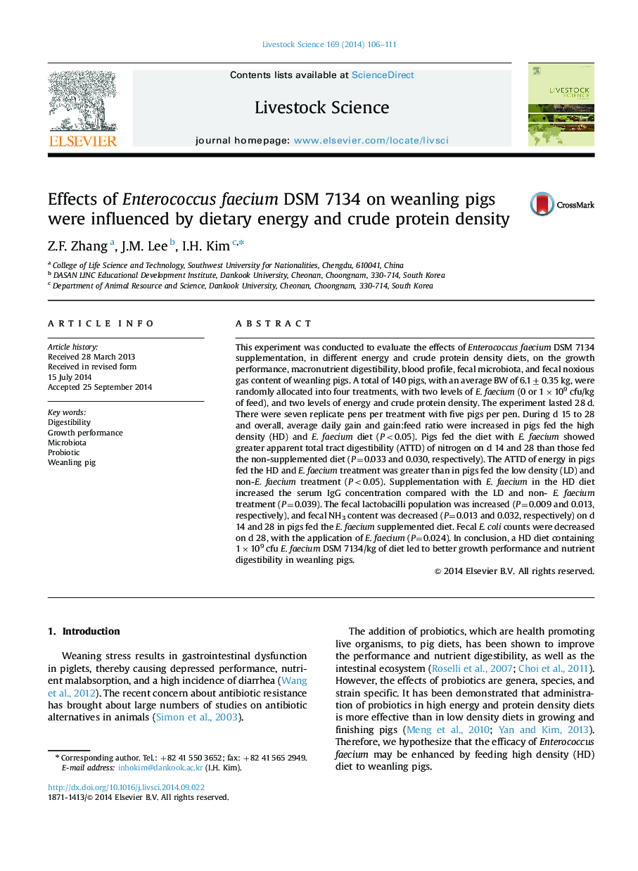 Effects of Enterococcus faecium DSM 7134 on weanling pigs were influenced by dietary energy and crude protein density
