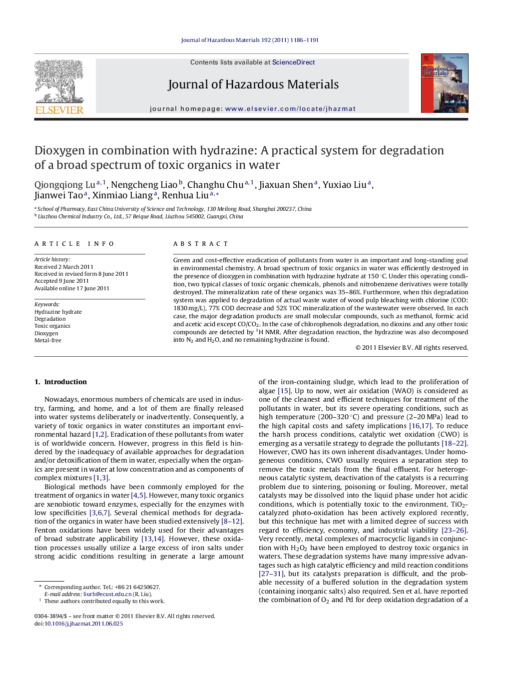 Dioxygen in combination with hydrazine: A practical system for degradation of a broad spectrum of toxic organics in water