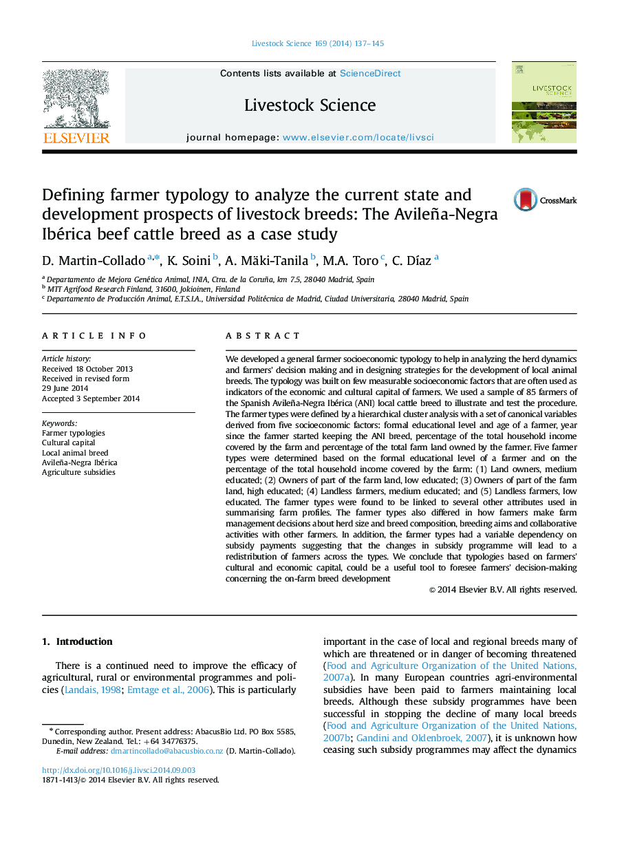 Defining farmer typology to analyze the current state and development prospects of livestock breeds: The Avileña-Negra Ibérica beef cattle breed as a case study