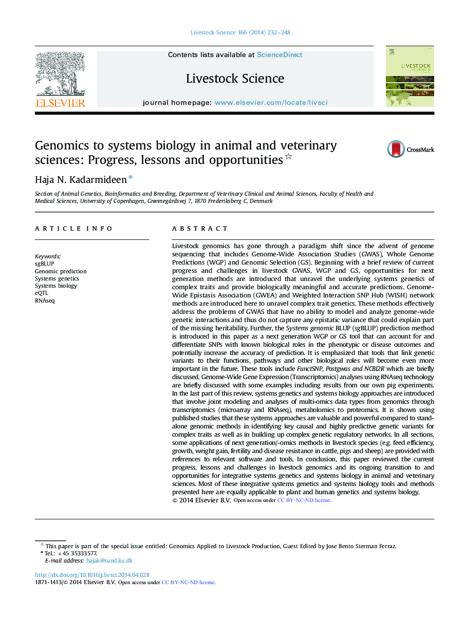 Genomics to systems biology in animal and veterinary sciences: Progress, lessons and opportunities