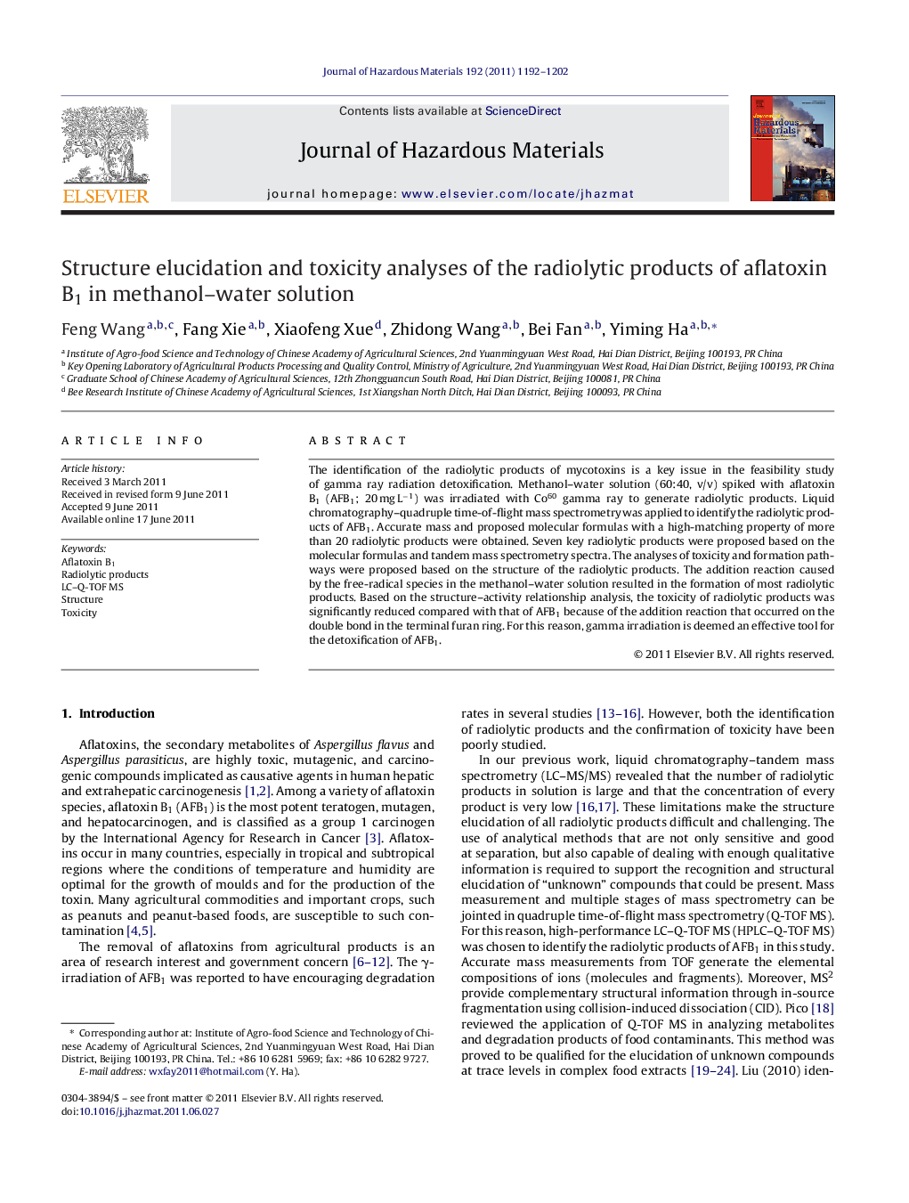 Structure elucidation and toxicity analyses of the radiolytic products of aflatoxin B1 in methanol-water solution