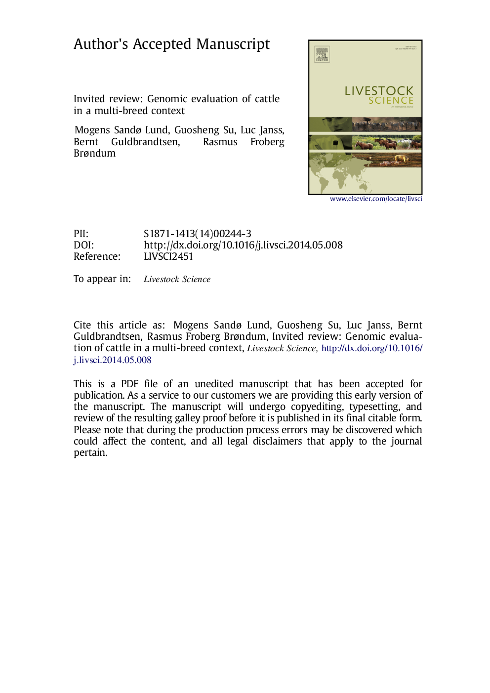 Genomic evaluation of cattle in a multi-breed context