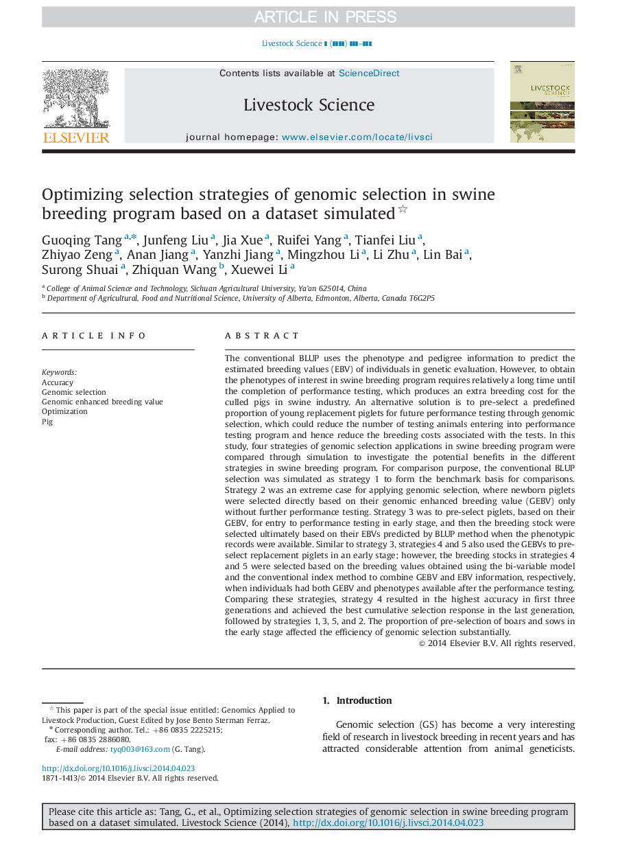 Optimizing selection strategies of genomic selection in swine breeding program based on a dataset simulated